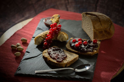 Close-up of fruits in plate on table