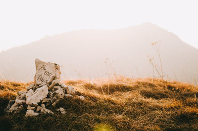 Text on tombstone at mountain