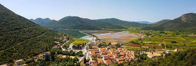 High angle view of agricultural field against sky