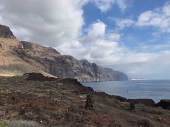 Scenic view of sea and mountains against sky