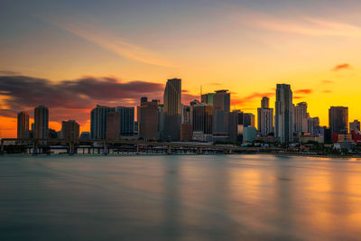 View of modern buildings against sky during sunset