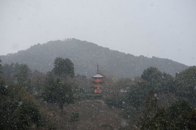 Snow covered field by buildings against sky