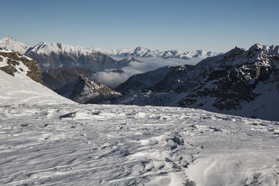 Scenic view of snow covered mountains against sky