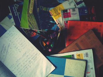 High angle view of books on table