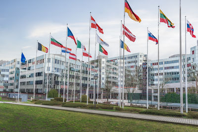 View of american flags on field