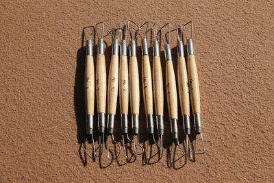 High angle view of wicker basket on wood