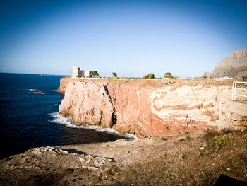 Scenic view of sea against clear blue sky