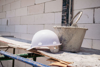 Construction helmet as protection while working at a construction site. helmet on construction site.