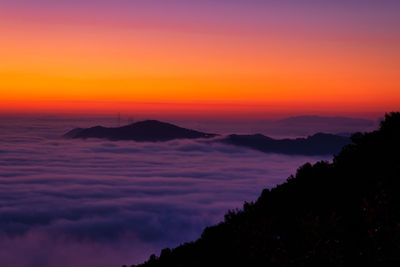 Scenic view of mountains against sky during sunset