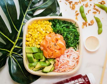 High angle view of food served in plate