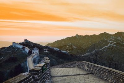 High angle view of mountains against sky during sunset