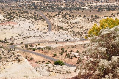 High angle view of road passing through desert