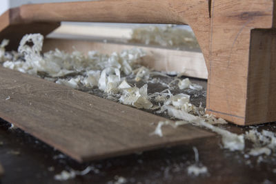 High angle view of chopped bread on cutting board