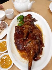 High angle view of meal served on table