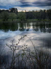 Scenic view of lake against cloudy sky