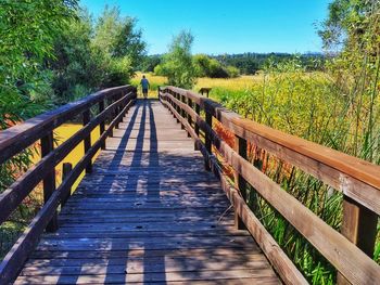 Rear view of man walking on footbridge