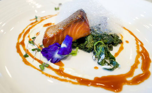 High angle view of fish served in plate