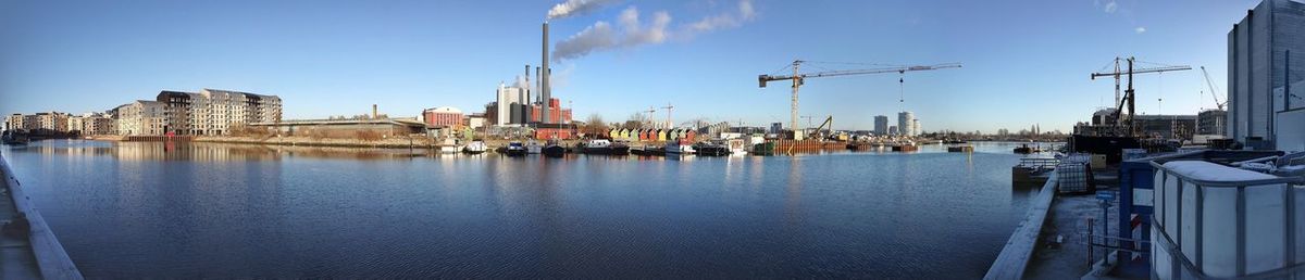 Panoramic view of harbor against sky