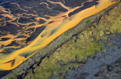 Colorful glacier rivers on the south coast of iceland with black sand