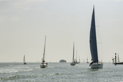 Sailboats sailing in sea against sky