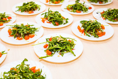 High angle view of salad served on table