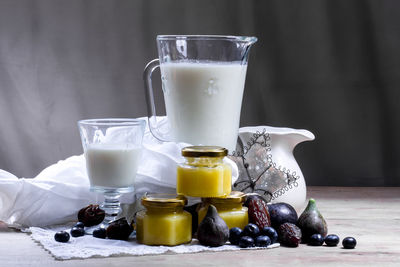 Milk with fruits on table