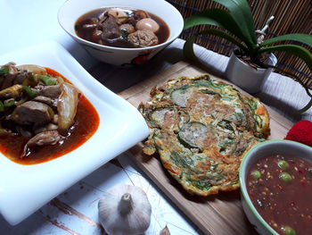 High angle view of meal served on table