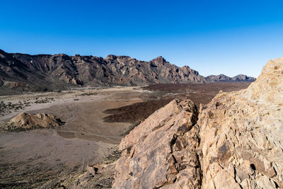 Scenic view of mountains against clear blue sky