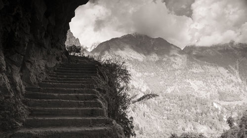 Steps and mountain against sky