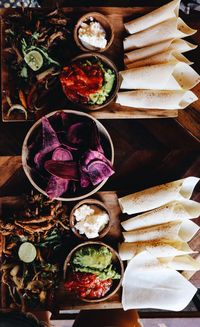 High angle view of food served on table