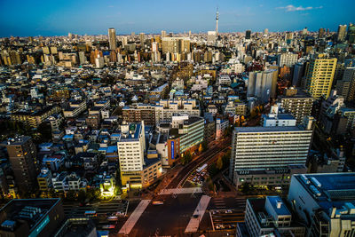 High angle view of street amidst buildings in city