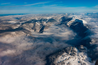 Aerial view of volcanic landscape against sky