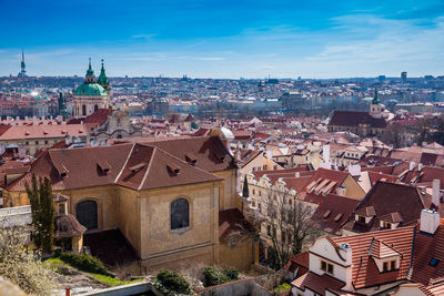Prague city seen from the petrin gardens at the begining of spring