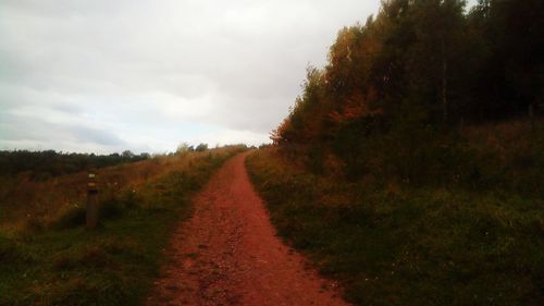 Dirt road amidst field against sky