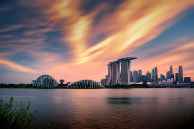 Scenic view of bay against sky during sunset