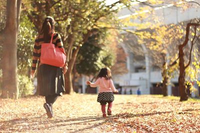 Rear view of mother and child walking in park