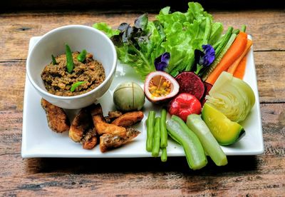 High angle view of meal served on table