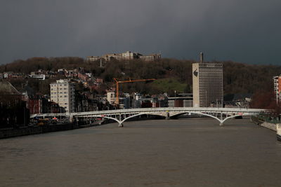 Bridge over river by buildings against sky in city