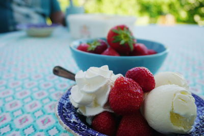 Close-up of ice cream with fruits on table