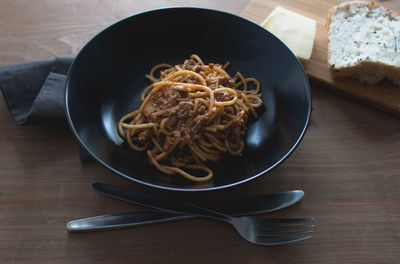 High angle view of noodles in bowl on table