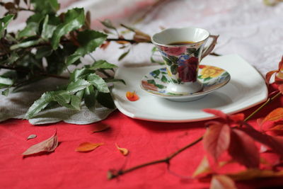 Close-up of vegetables and leaves on table