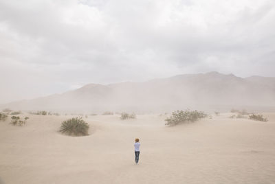 Rear view of man standing on desert against sky