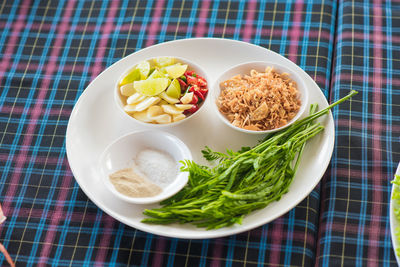 High angle view of breakfast served on table