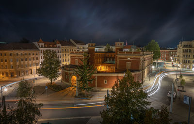 High angle view of illuminated buildings at night