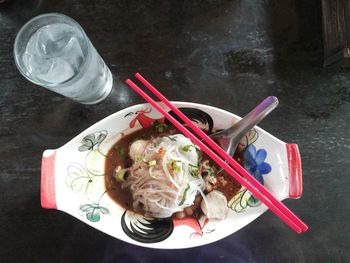 High angle view of meal served on table