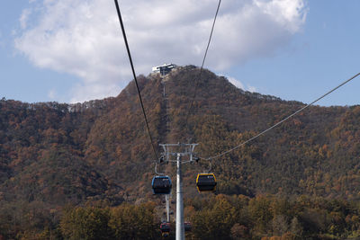 Low angle view of overhead cable car against sky