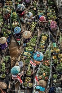 High angle view of multi colored shoes for sale