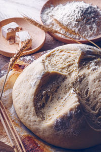 High angle view of bread in plate on table