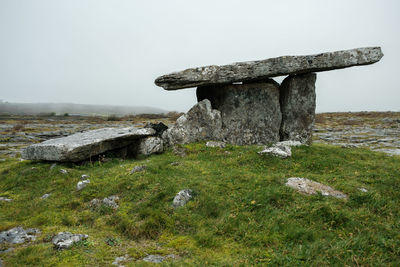 Rock formations on field against clear sky