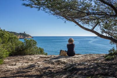 Rear view of woman sitting on rock by sea